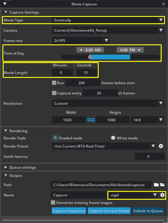 Cesium for Omniverse Dynamic Skies and Sun Study tutorial: Adjust the four settings below while leaving the rest at their defaults.